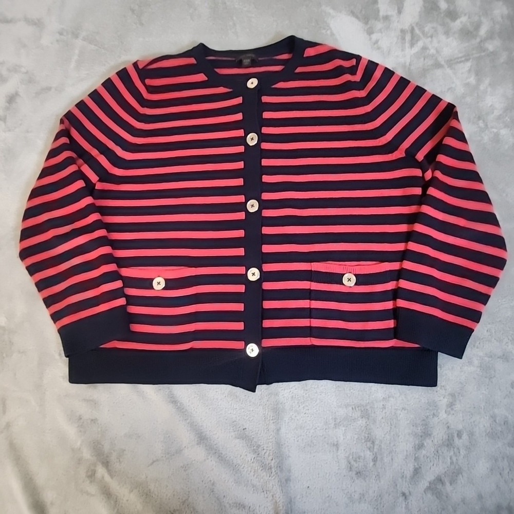J. Jill Sweater Womens Large Petite Blue Red Stripe Cardigan Wearever Classicore